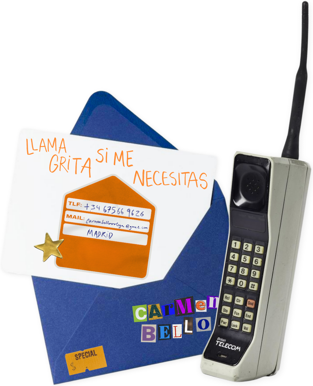 Sobre y teléfono antiguo con una nota: llama, grita si me necesitas. Teléfono +34 675 66 96 26, mail carmenbelloortega@gmail.com, Madrid.